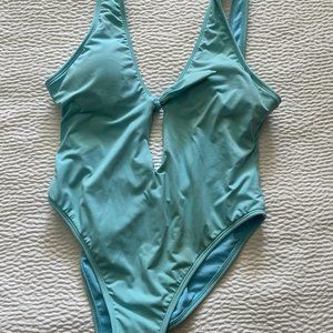 Blue Bikini Lab one-piece swimsuit, color faded and priced accordingly